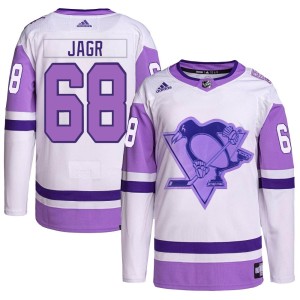 Jaromir Jagr Men's Adidas Pittsburgh Penguins Authentic White/Purple Hockey Fights Cancer Primegreen Jersey